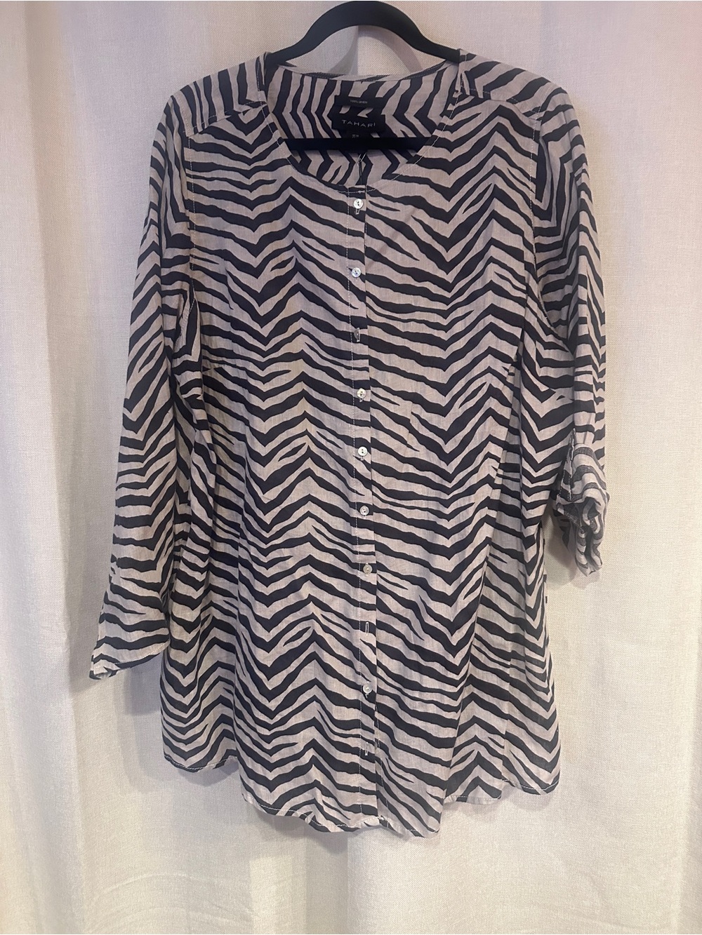 Tahari Brown and Cream Zebra-Print Button-Front Tunic Blouse